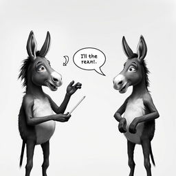 Two humanoid donkeys with human bodies engaged in a humorous teaching moment, depicted in black and white