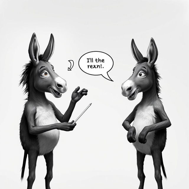 Two humanoid donkeys with human bodies engaged in a humorous teaching moment, depicted in black and white