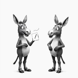 Two humanoid donkeys with human bodies engaged in a humorous teaching moment, depicted in black and white