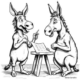 Two humanoid donkeys with human bodies engaged in a teaching moment, rendered in black and white, mimicking the style of illustrations from Olavo de Carvalho's book