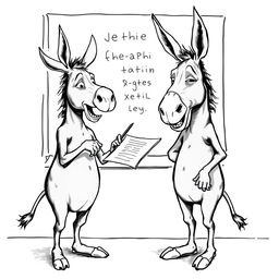 Two humanoid donkeys with human bodies engaged in a teaching moment, rendered in black and white, mimicking the style of illustrations from Olavo de Carvalho's book