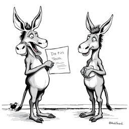 Two humanoid donkeys with human bodies engaged in a teaching moment, rendered in black and white, mimicking the style of illustrations from Olavo de Carvalho's book