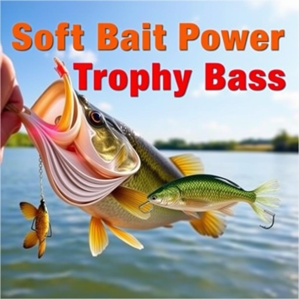 A striking thumbnail featuring a large bass actively responding to a soft lure, which is prominently displayed in the foreground