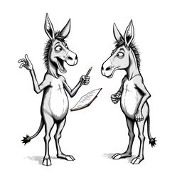 Two humanoid donkeys with human bodies engaged in a teaching moment, rendered in black and white, mimicking the style of illustrations from Olavo de Carvalho's book