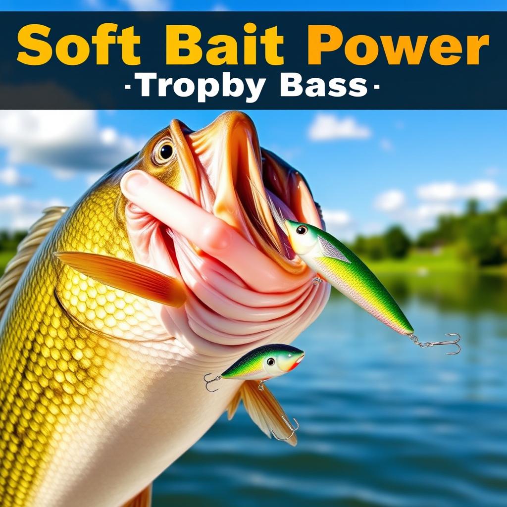 A striking thumbnail featuring a large bass actively responding to a soft lure, which is prominently displayed in the foreground