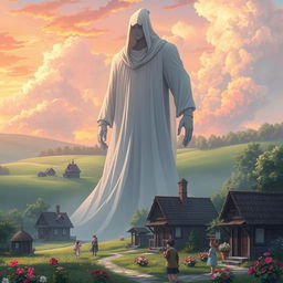 In a fantasy anime style, depict a mysterious giant human figure cloaked in white