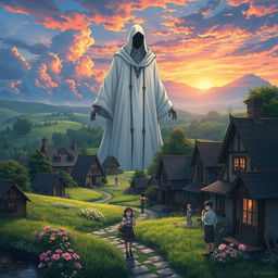 In a fantasy anime style, depict a mysterious giant human figure cloaked in white