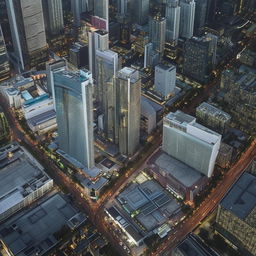 An aerial view of a SWAT premises situated in a bustling central business district, showing its strategic placement amidst skyscrapers and busy streets.