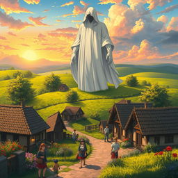 In a fantasy anime style, depict a mysterious giant human figure cloaked in white