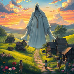 In a fantasy anime style, depict a mysterious giant human figure cloaked in white