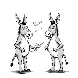 Two humanoid donkeys with human bodies engaged in a humorous teaching exchange, depicted in black and white, inspired by the illustration style of Olavo de Carvalho's book