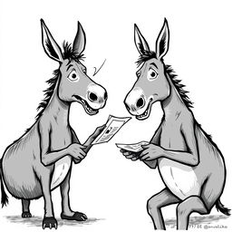 Two humanoid donkeys with human bodies engaged in a humorous teaching exchange, depicted in black and white, inspired by the illustration style of Olavo de Carvalho's book