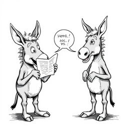 Two humanoid donkeys with human bodies engaged in a humorous teaching exchange, depicted in black and white, inspired by the illustration style of Olavo de Carvalho's book