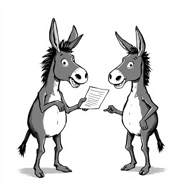 Two humanoid donkeys with human bodies engaged in a humorous teaching exchange, depicted in black and white, inspired by the illustration style of Olavo de Carvalho's book