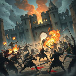 In a fantasy anime style, create an intense scene depicting armies of human warriors battling against elf warriors and dwarf warriors within the ruins of a desolate castle