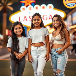 Three Latina siblings standing next to each other in vibrant Las Vegas: the youngest is a cheerful 9-year-old girl with long black hair, wearing snug leggings and a classic white t-shirt, radiating youthful charm