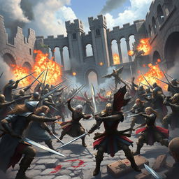 In a fantasy anime style, create an intense scene depicting armies of human warriors battling against elf warriors and dwarf warriors within the ruins of a desolate castle