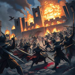 In a fantasy anime style, create an intense scene depicting armies of human warriors battling against elf warriors and dwarf warriors within the ruins of a desolate castle