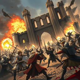 In a fantasy anime style, create an intense scene depicting armies of human warriors battling against elf warriors and dwarf warriors within the ruins of a desolate castle