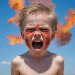 The young boy's anger amplified. His entire body is tense, face redder, eyes more fiery - the epitome of a child's tempertantrum under the clear blue sky.