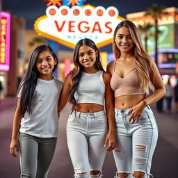 Three Latina siblings standing together in vibrant Las Vegas: the youngest is a lively 9-year-old girl with long black hair, dressed in comfortable leggings and a crisp white t-shirt, radiating youthful joy