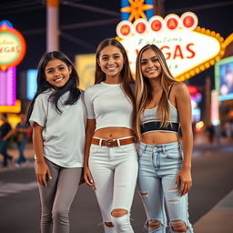 Three Latina siblings standing together in vibrant Las Vegas: the youngest is a lively 9-year-old girl with long black hair, dressed in comfortable leggings and a crisp white t-shirt, radiating youthful joy