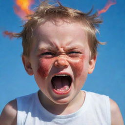 The young boy's anger amplified. His entire body is tense, face redder, eyes more fiery - the epitome of a child's tempertantrum under the clear blue sky.