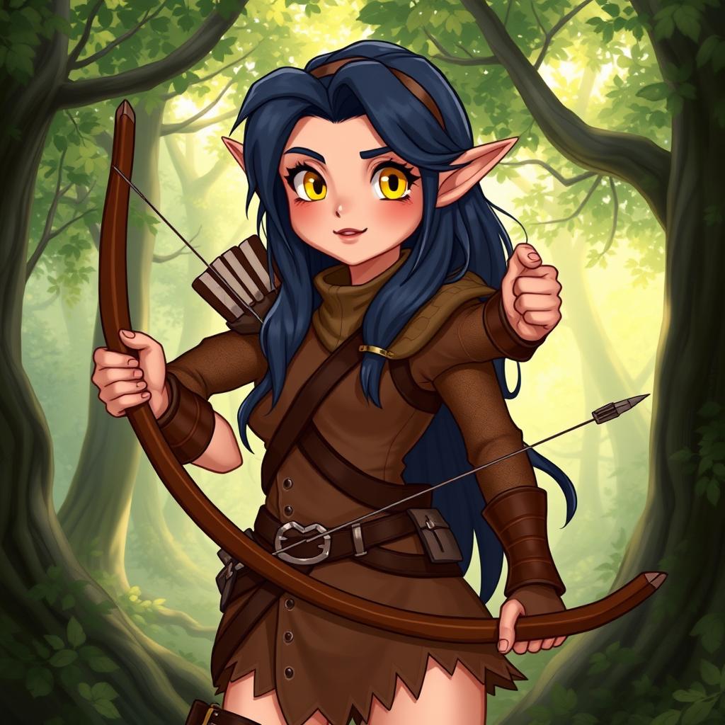 A playful semi-elf character wearing a snug brown leather outfit, exuding confidence and mischief