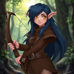 A playful semi-elf character wearing a snug brown leather outfit, exuding confidence and mischief