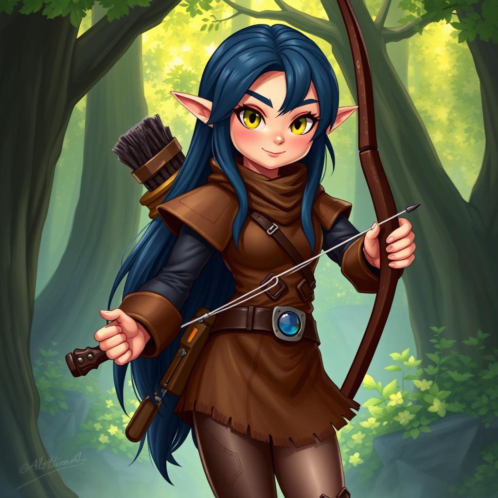 A playful semi-elf character wearing a snug brown leather outfit, exuding confidence and mischief