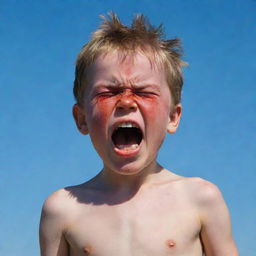 The young boy's anger amplified. His entire body is tense, face redder, eyes more fiery - the epitome of a child's tempertantrum under the clear blue sky.