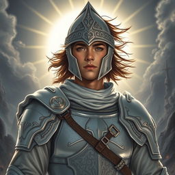 A 25-year-old young man depicted as a warrior wearing full white armor and a warrior helmet