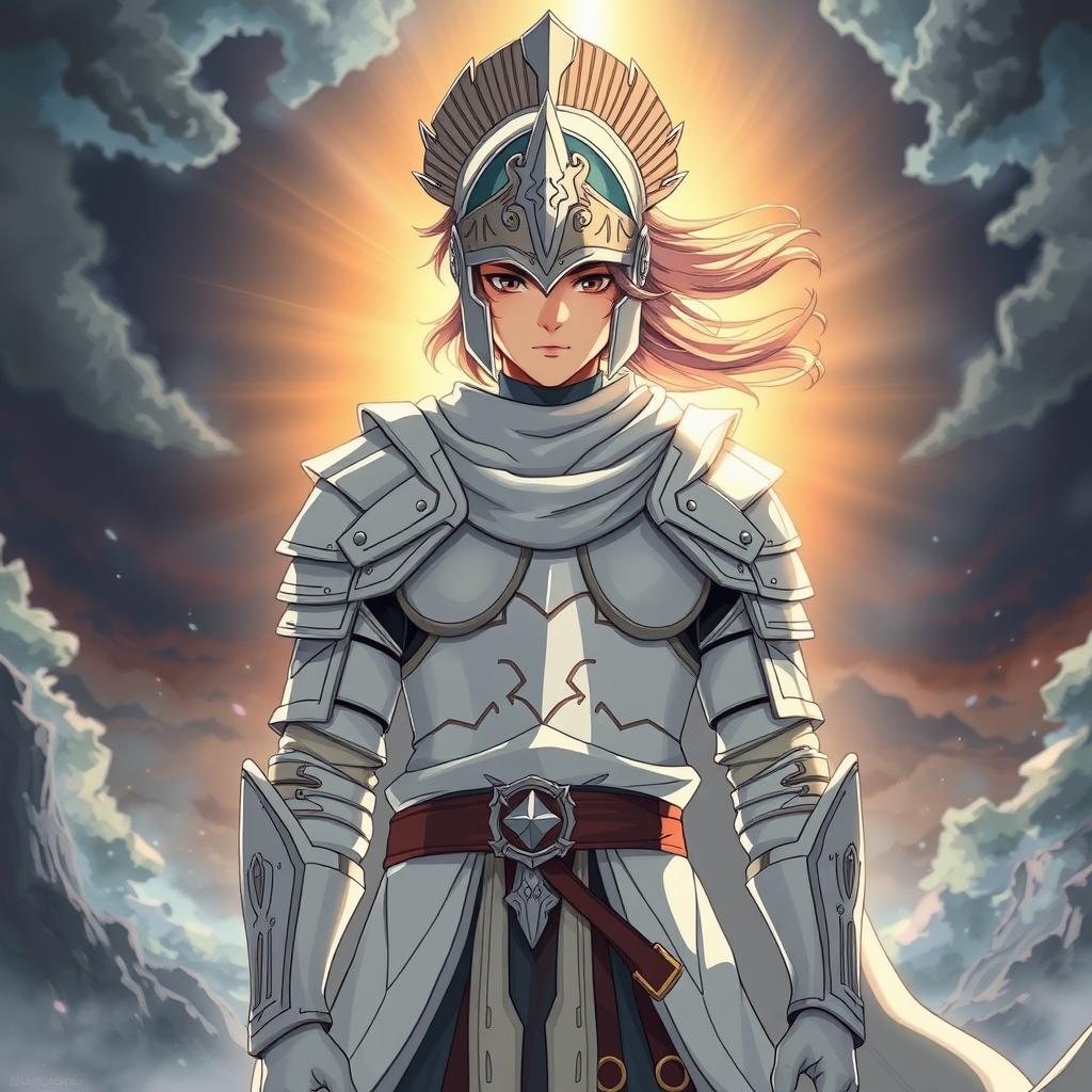 In anime style, a 25-year-old young man depicted as a warrior clad in full white armor and a warrior helmet