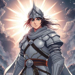 In anime style, a 25-year-old young man depicted as a warrior clad in full white armor and a warrior helmet