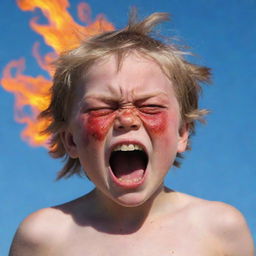 The young boy's anger amplified. His entire body is tense, face redder, eyes more fiery - the epitome of a child's tempertantrum under the clear blue sky.