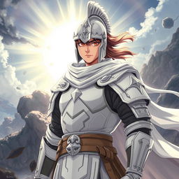 In anime style, a 25-year-old young man depicted as a warrior clad in full white armor and a warrior helmet