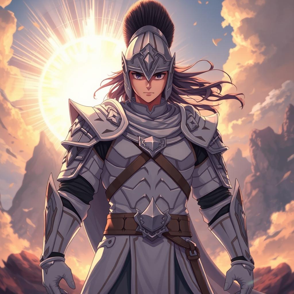 In anime style, a 25-year-old young man depicted as a warrior clad in full white armor and a warrior helmet