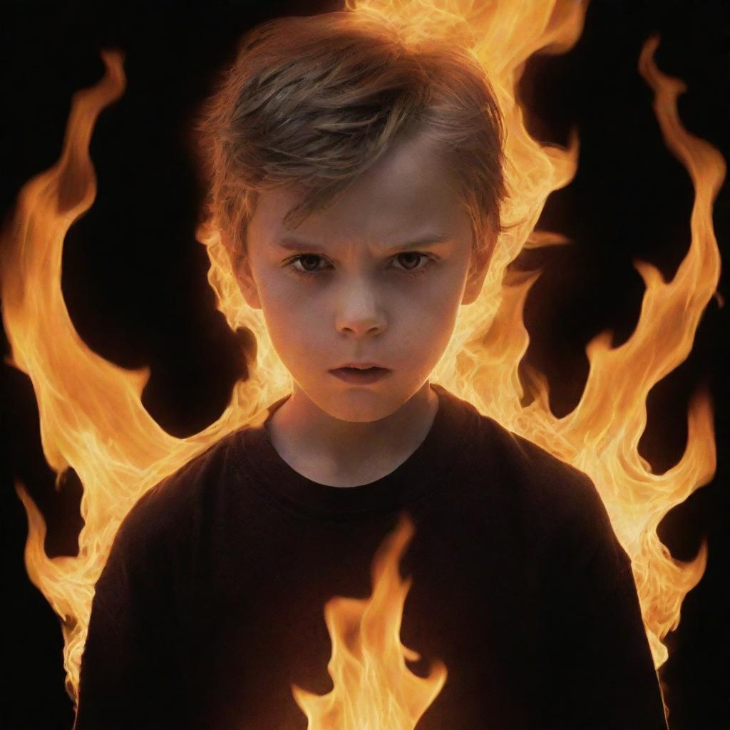 The once angry young boy now enveloped in a dramatic, mystical flame, symbolizing his intense fury. His expression remains defiant as bright, harmless flames dance around him.