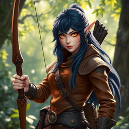 A charming adult semi-elf rogue depicted wearing a snug brown leather outfit that highlights her agility and allure