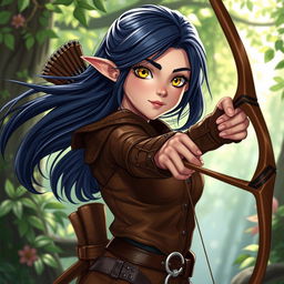 A charming adult semi-elf rogue depicted wearing a snug brown leather outfit that highlights her agility and allure