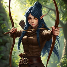 A charming adult semi-elf rogue depicted wearing a snug brown leather outfit that highlights her agility and allure