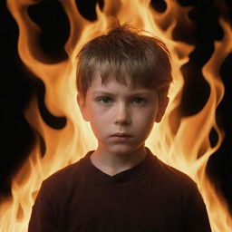 The once angry young boy now enveloped in a dramatic, mystical flame, symbolizing his intense fury. His expression remains defiant as bright, harmless flames dance around him.