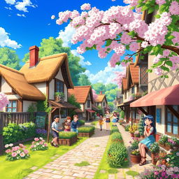 A peaceful village during the day, in an anime style, featuring charming houses with thatched roofs, flower-filled gardens, and cobblestone streets