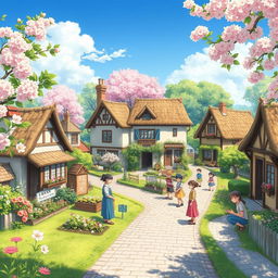 A peaceful village during the day, in an anime style, featuring charming houses with thatched roofs, flower-filled gardens, and cobblestone streets