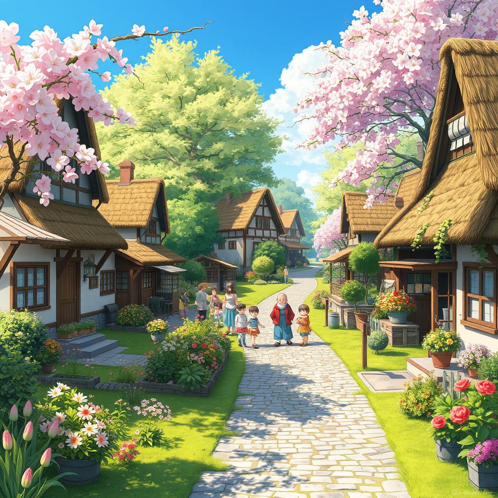 A peaceful village during the day, in an anime style, featuring charming houses with thatched roofs, flower-filled gardens, and cobblestone streets