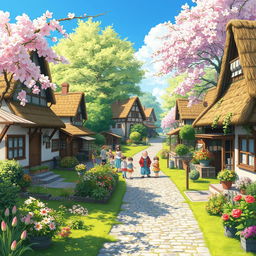 A peaceful village during the day, in an anime style, featuring charming houses with thatched roofs, flower-filled gardens, and cobblestone streets