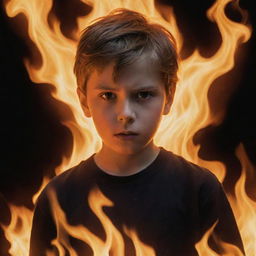 The once angry young boy now enveloped in a dramatic, mystical flame, symbolizing his intense fury. His expression remains defiant as bright, harmless flames dance around him.