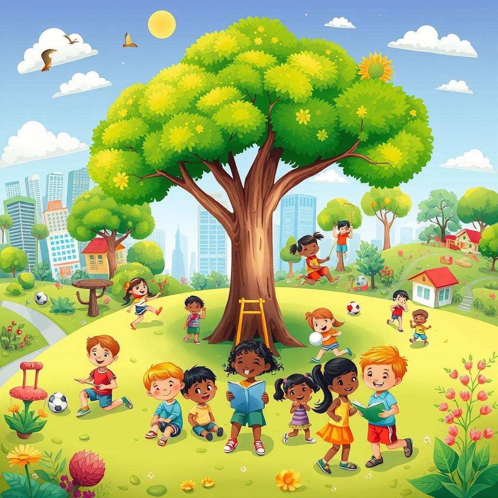 A colorful and expressive illustration depicting the impact of the environment on children's growth and development