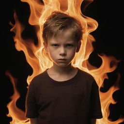 The once angry young boy now enveloped in a dramatic, mystical flame, symbolizing his intense fury. His expression remains defiant as bright, harmless flames dance around him.