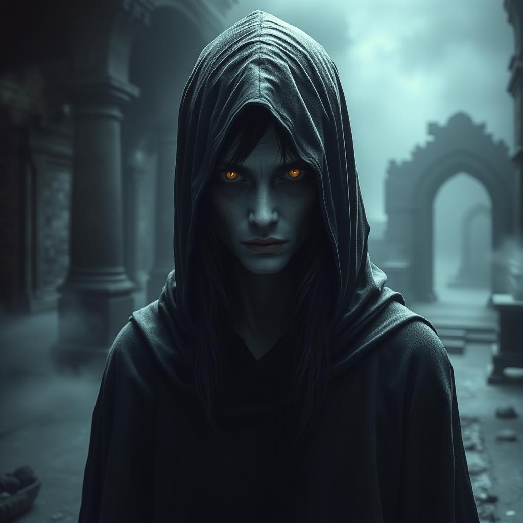 A dark semi-elf, embodying the characteristics of a undead lineage, wearing a flowing black hooded cloak that obscures much of its face